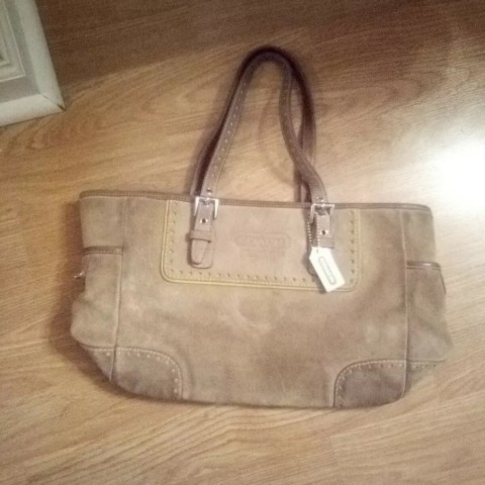 Coach Brown Suede Leather Tote Shoulder Bag Tan Leather Trim Large Handbag Purse
